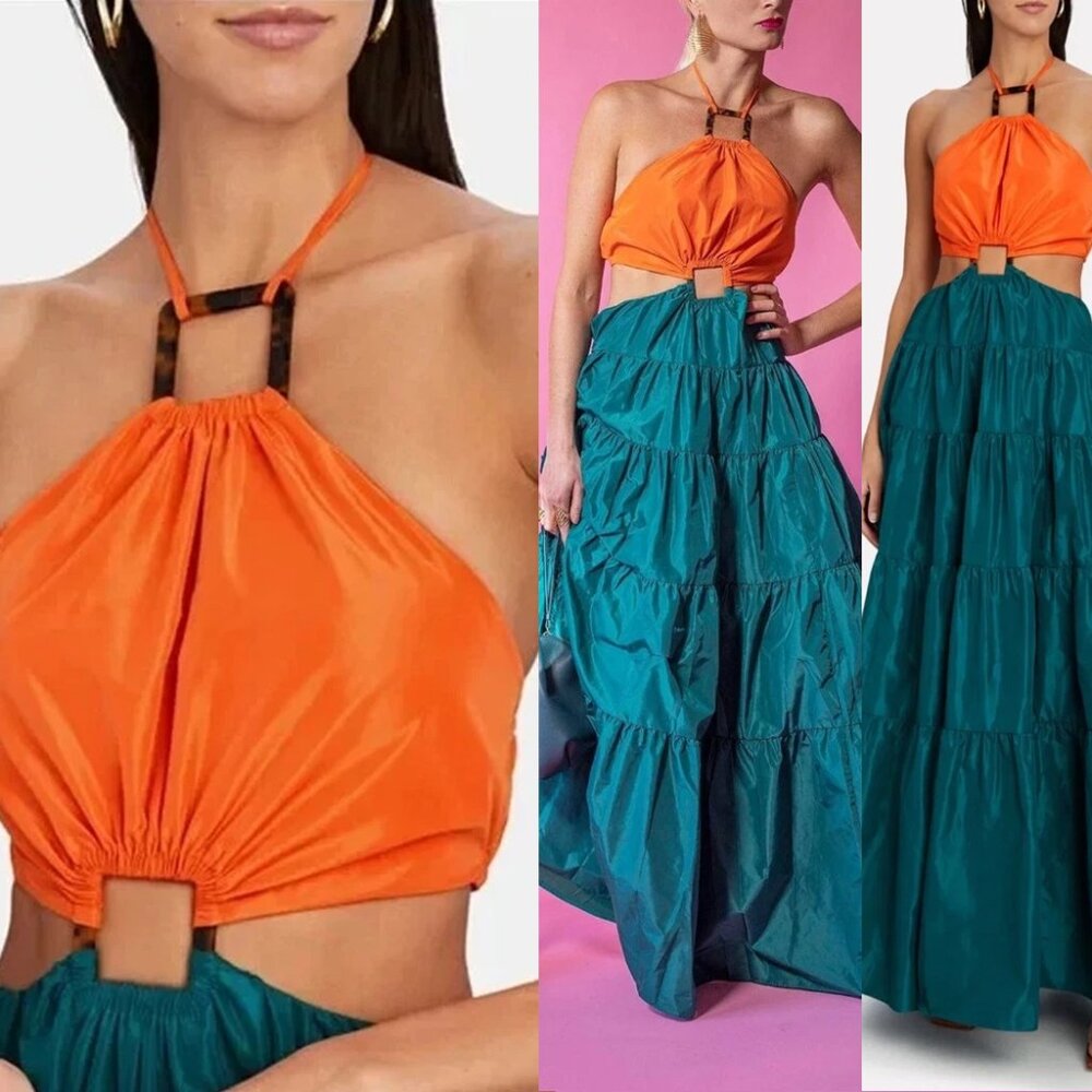 STAUD Dome Teal Tangerine Tortoise Cutout Taffeta Halter Maxi Dress Small $545 M